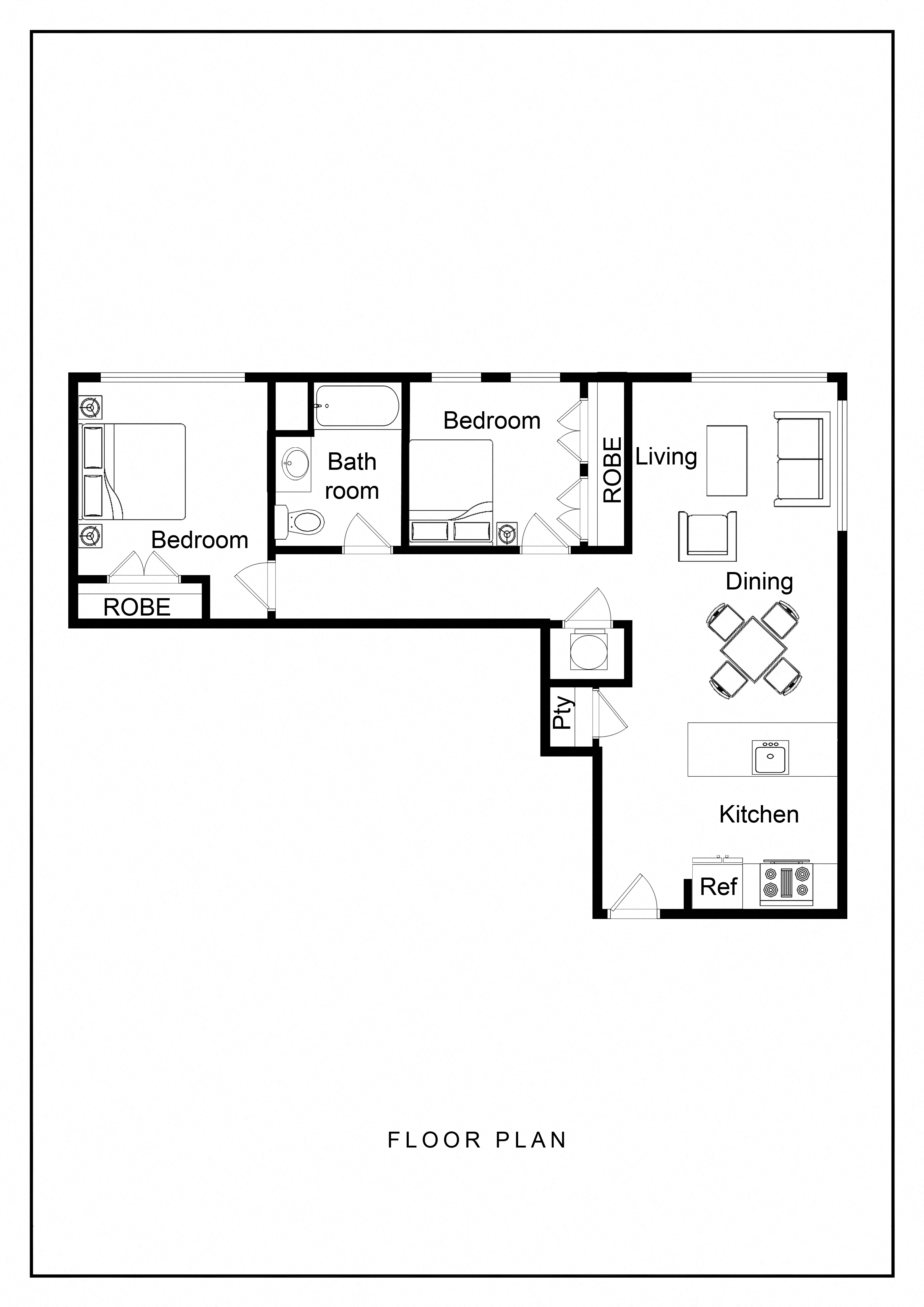 Floor plan for 2 beds, 1 bath, 856 sqft